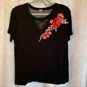 Darling Blue Foral Embroidered V-neck Fishnet neckline Black Top; Women's XL